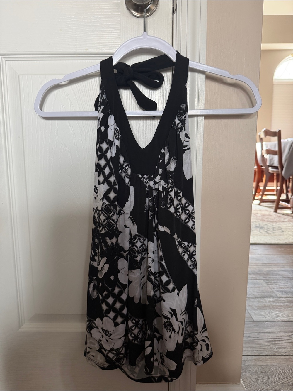White House Black Market Black and White Floral Halter Top